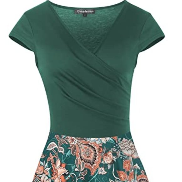 Women's V-Neck Cap Sleeve Floral Casual Stretch Swing Dress - Picture 2 of 8